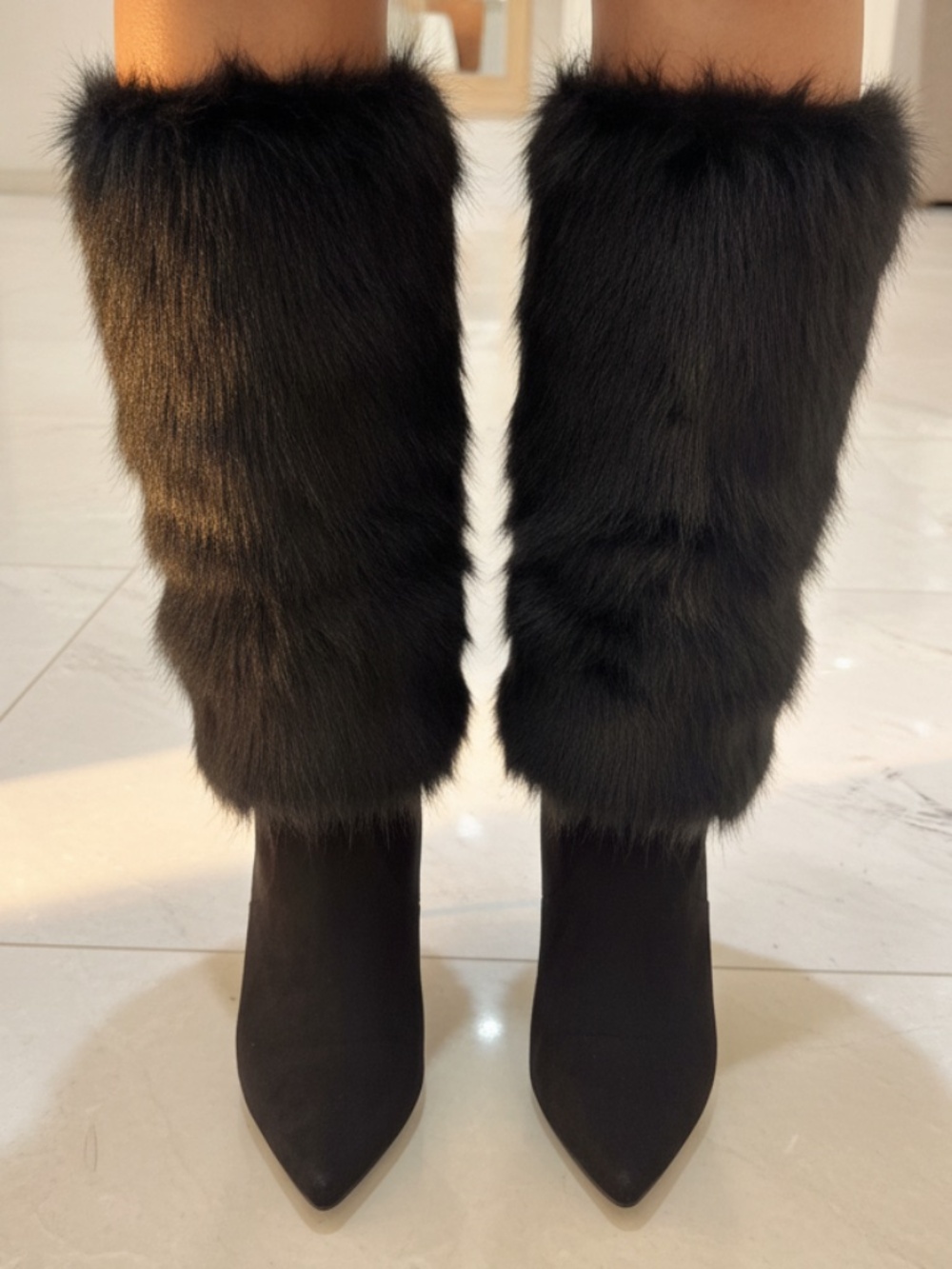 NWT Wild Diva Black Faux Fur Stiletto Heeled Boots